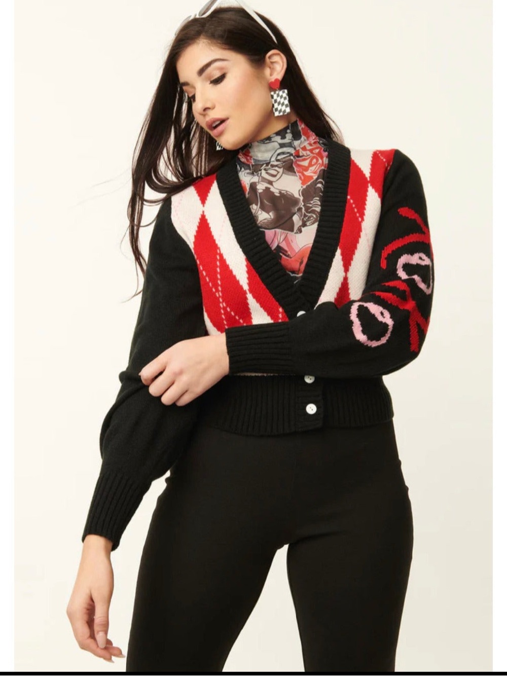 Cropped Black Argyle V-Neck Cardigan with Red and White Panels Harley Quinn